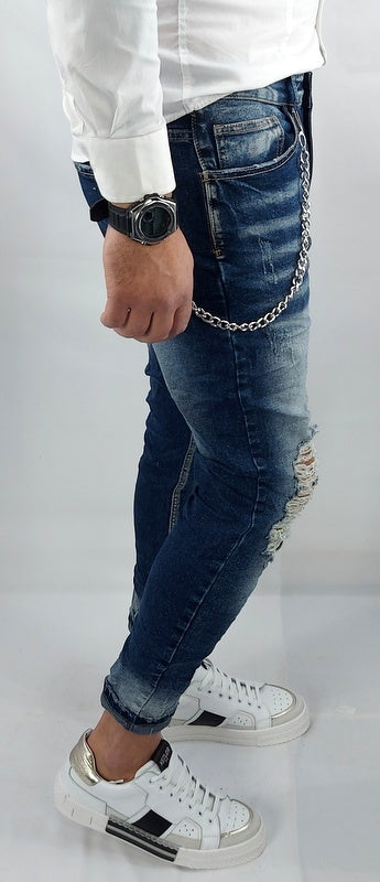 Jeans uomo Primaverile Blu Sfumato Catena Estraibile Slim Elasticizzati Strappi Caviglia stretta