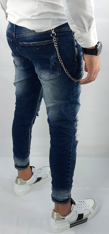 Jeans uomo Primaverile Blu Sfumato Catena Estraibile Slim Elasticizzati Strappi Caviglia stretta