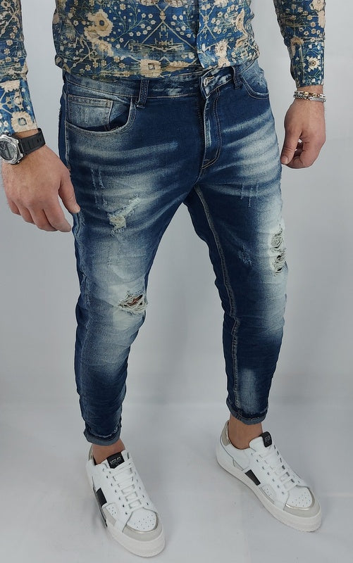 Jeans uomo Primaverile Blu Sfumato Slim Elasticizzati Stropicciati con Strappi Caviglia stretta