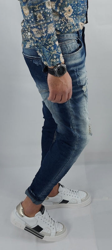 Jeans uomo Primaverile Blu Sfumato Slim Elasticizzati Stropicciati con Strappi Caviglia stretta