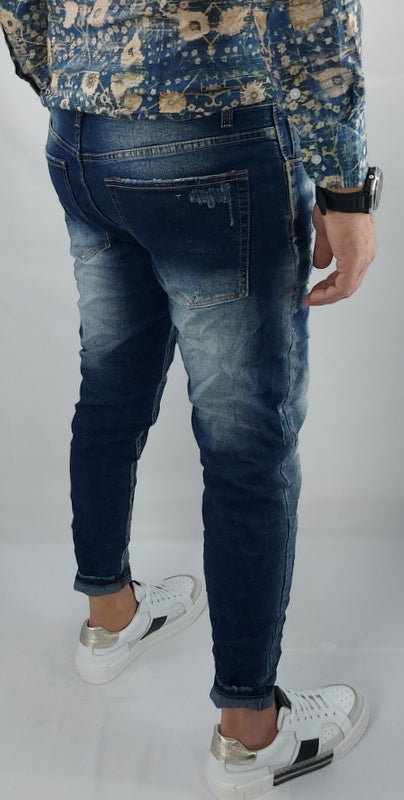 Jeans uomo Primaverile Blu Sfumato Slim Elasticizzati Stropicciati con Strappi Caviglia stretta