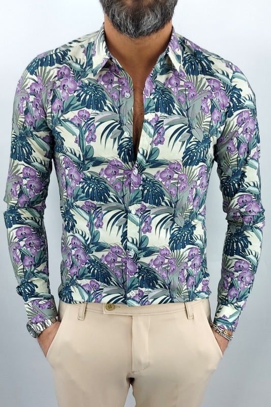 Camicia uomo Tessuto Elastico casual Collo Floreale viola Manica lunga Slim