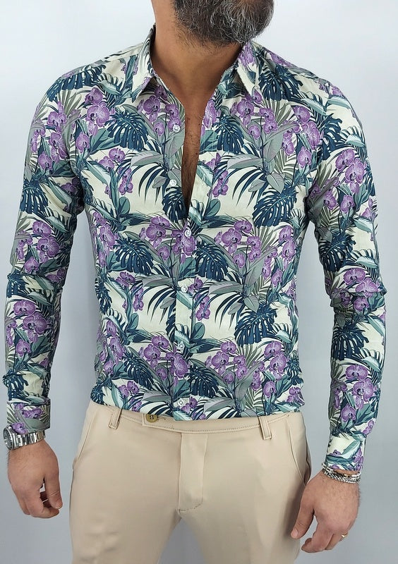 Camicia uomo Tessuto Elastico casual Collo Floreale viola Manica lunga Slim