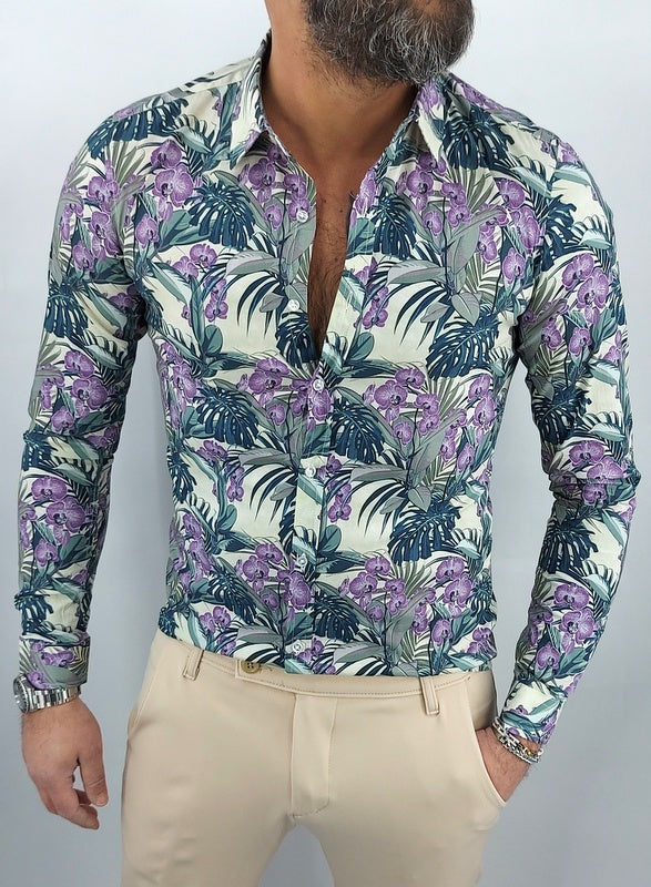 Camicia uomo Tessuto Elastico casual Collo Floreale viola Manica lunga Slim