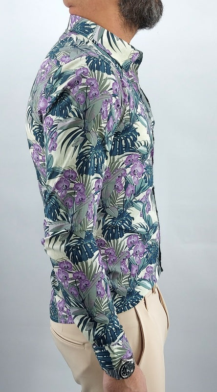Camicia uomo Tessuto Elastico casual Collo Floreale viola Manica lunga Slim