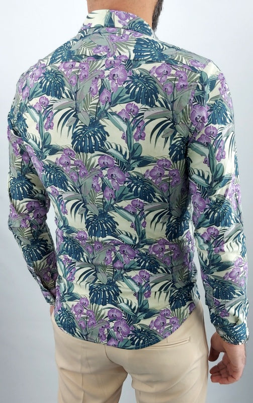 Camicia uomo Tessuto Elastico casual Collo Floreale viola Manica lunga Slim