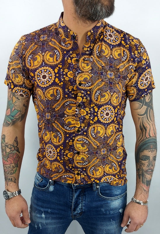 camicia uomo coreana tessuto morbido floreale viola elastico manica corta slim s,m,l,xl,xxl