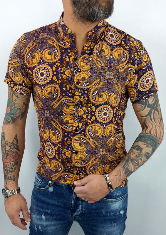 camicia uomo coreana tessuto morbido floreale viola elastico manica corta slim s,m,l,xl,xxl