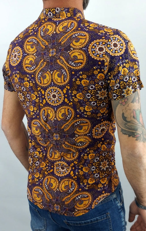 camicia uomo coreana tessuto morbido floreale viola elastico manica corta slim s,m,l,xl,xxl