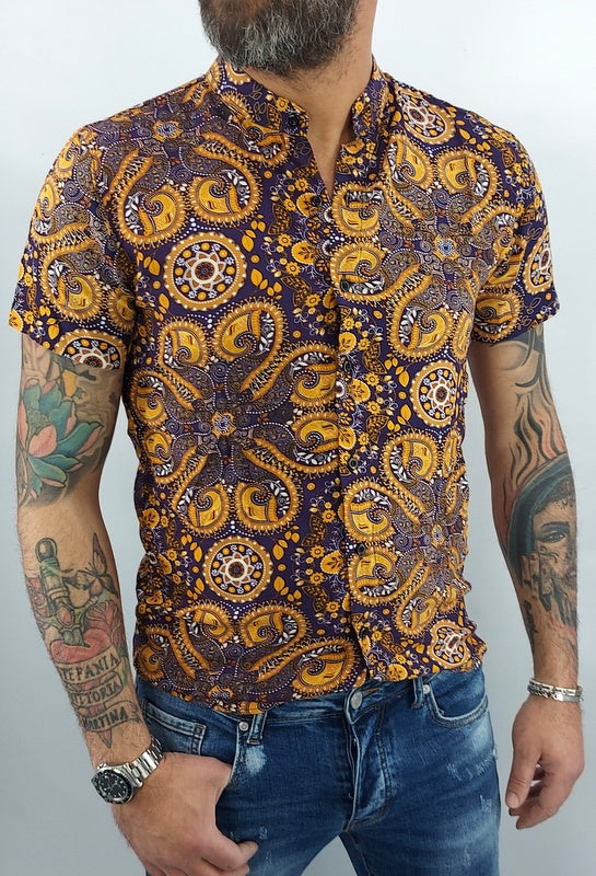 camicia uomo coreana tessuto morbido floreale viola elastico manica corta slim s,m,l,xl,xxl