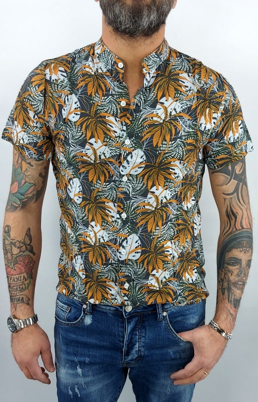 camicia uomo coreana tessuto morbido floreale Verde elastico manica corta slim s,m,l,xl,xxl