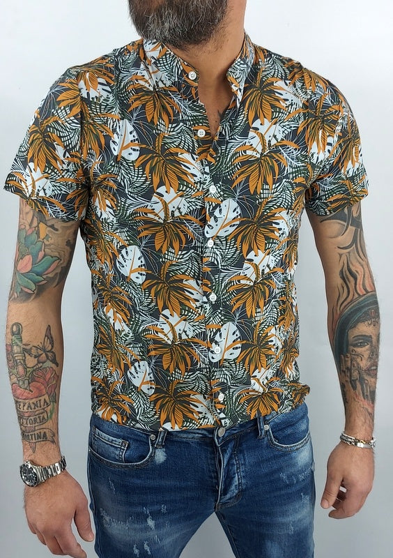 camicia uomo coreana tessuto morbido floreale Verde elastico manica corta slim s,m,l,xl,xxl