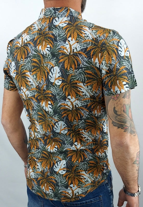 camicia uomo coreana tessuto morbido floreale Verde elastico manica corta slim s,m,l,xl,xxl