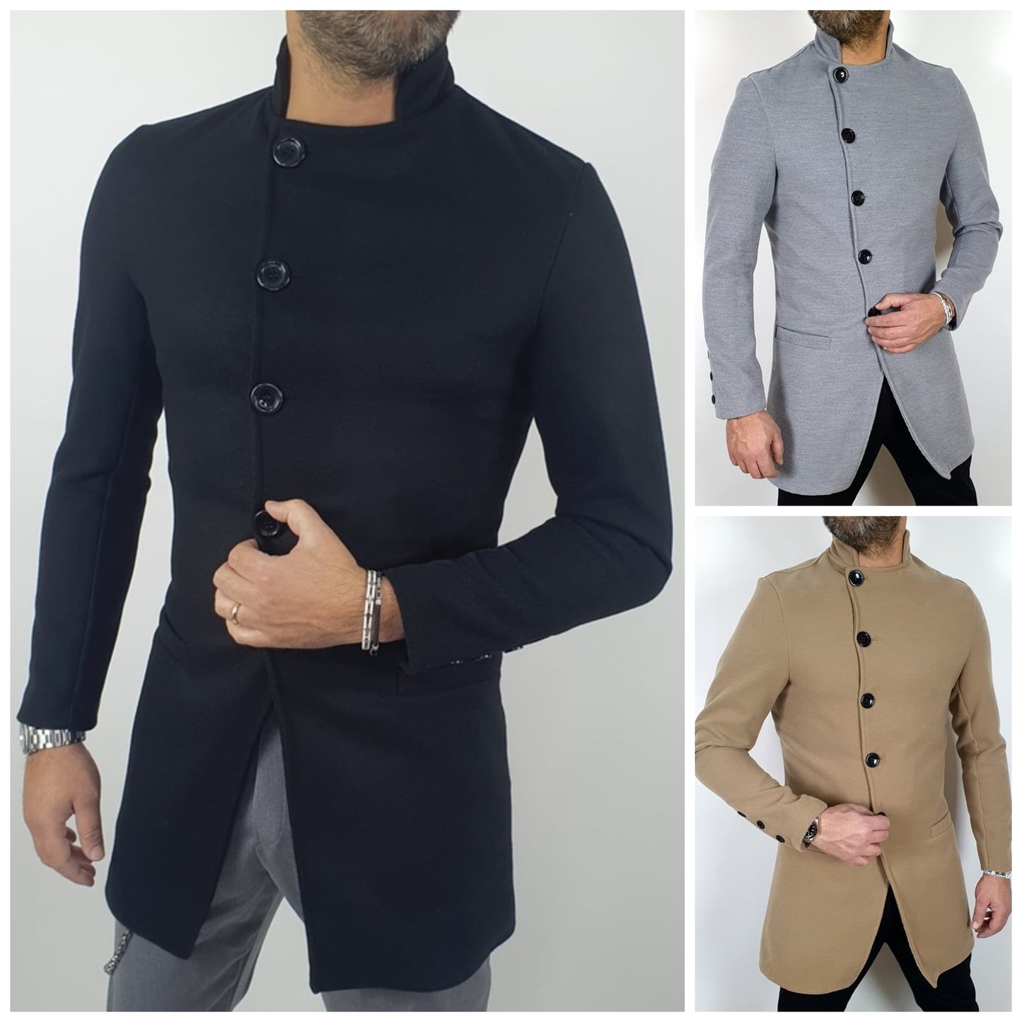 Cappotto Coreana Bottoni Trasversali Camel Nero Grigio