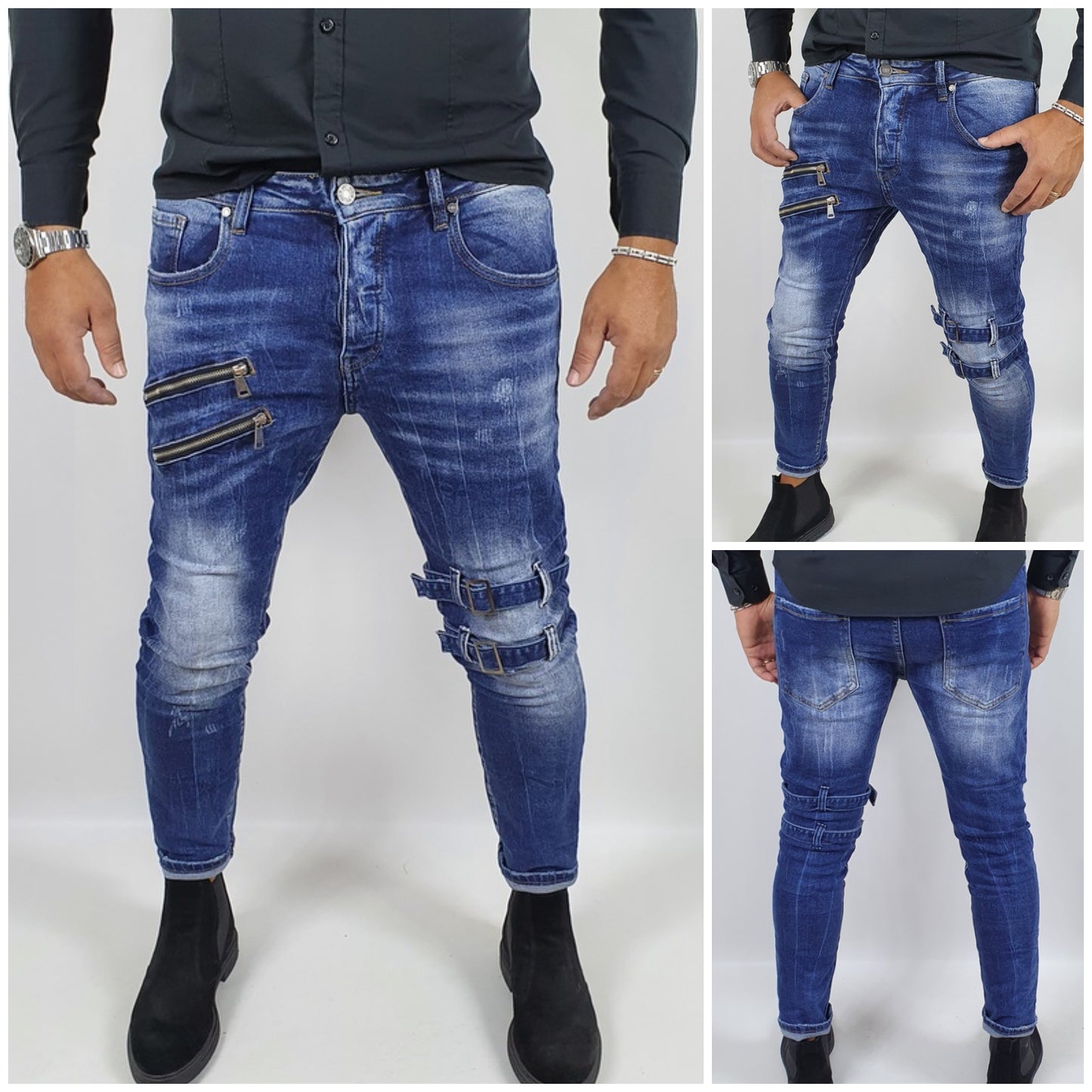 jeans pantalone uomo zip cotone elastico casual fibbie