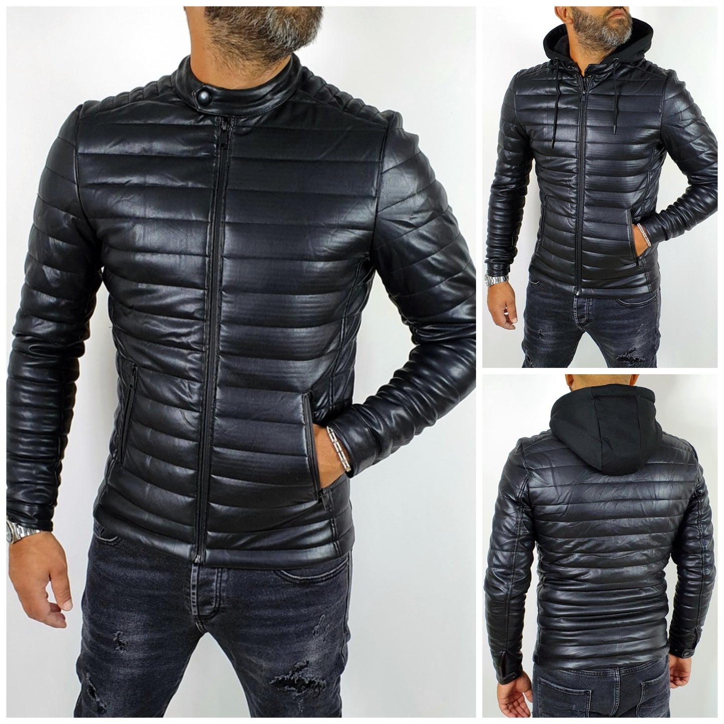 Giubbotto Uomo Foderato Eco pelle Bomber Nero Cappuccio Estraibile