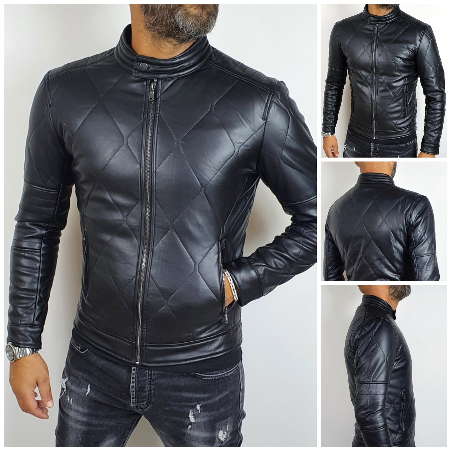 Giubbino Uomo Biker Eco pelle Foderato Nero Rombi coreana Slim