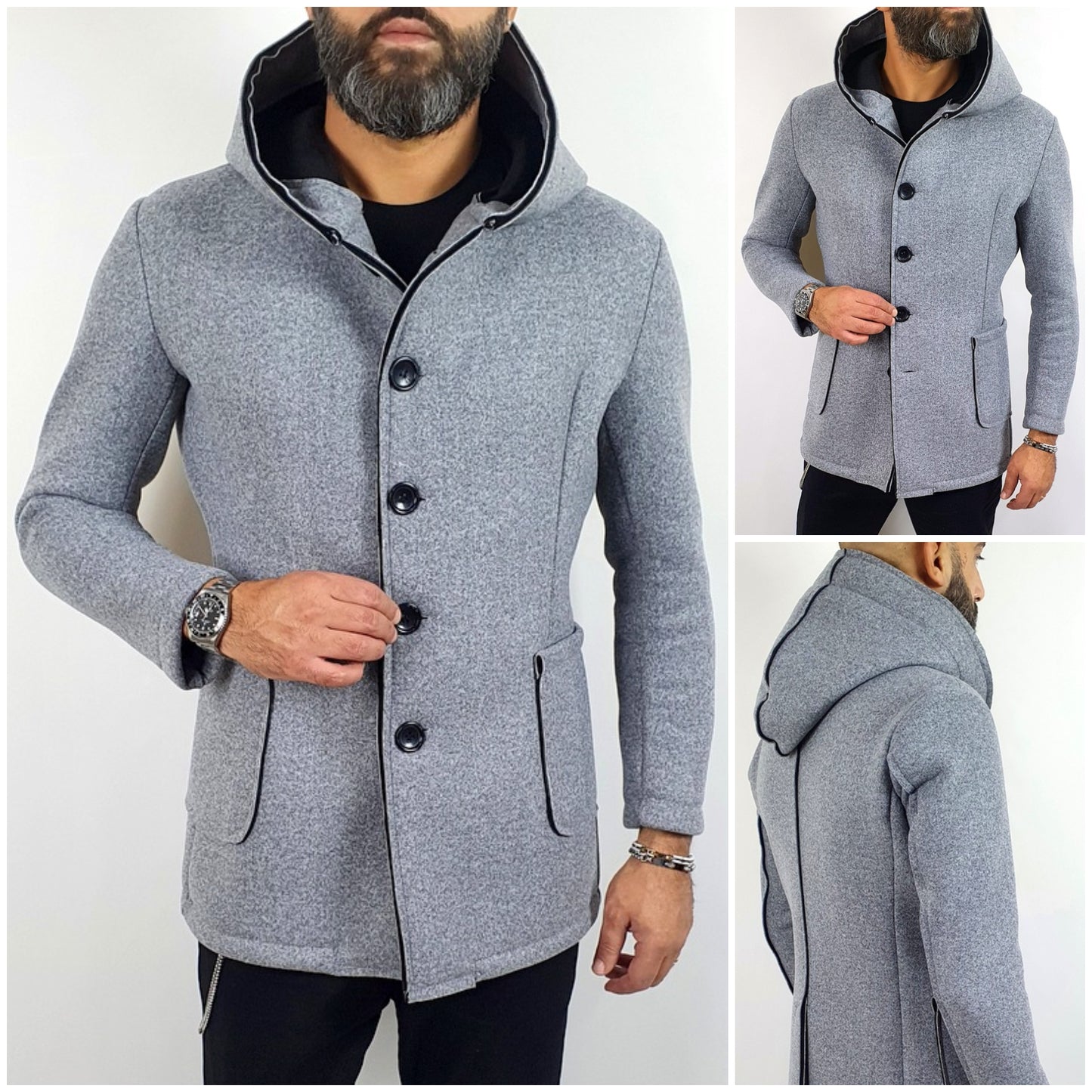 Cappotto Uomo Invernale Con Cappuccio Colore Grigio Tessuto Termico