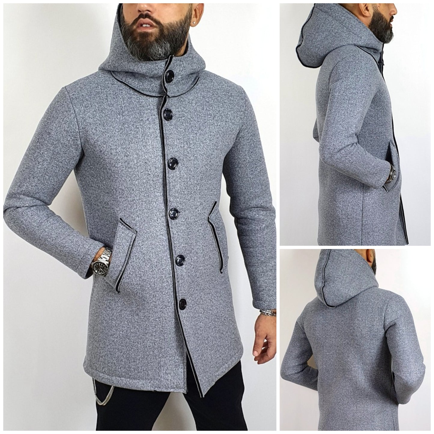 Parka Uomo Invernale Con Cappuccio Colore Grigio Tessuto Termico