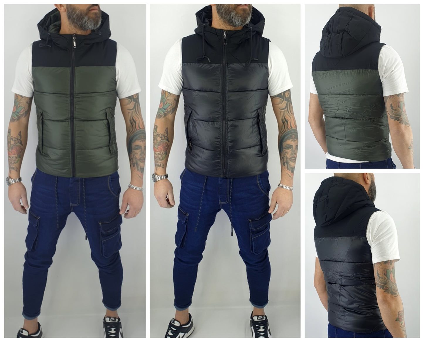 Gilet Giubbino Smanicato Giromanica Uomo Cappuccio Bomber Senza Maniche Bicolore