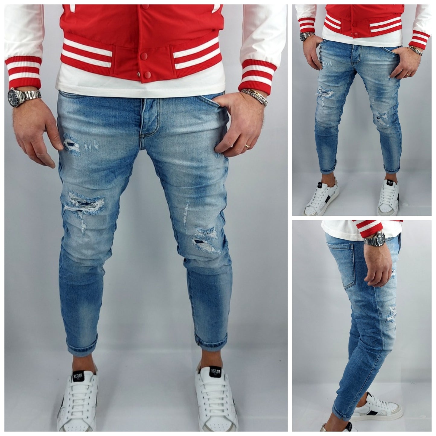 Jeans Denim Pantaloni Uomo Slim Fit Elasticizzato Con Strappi toppe sfumato