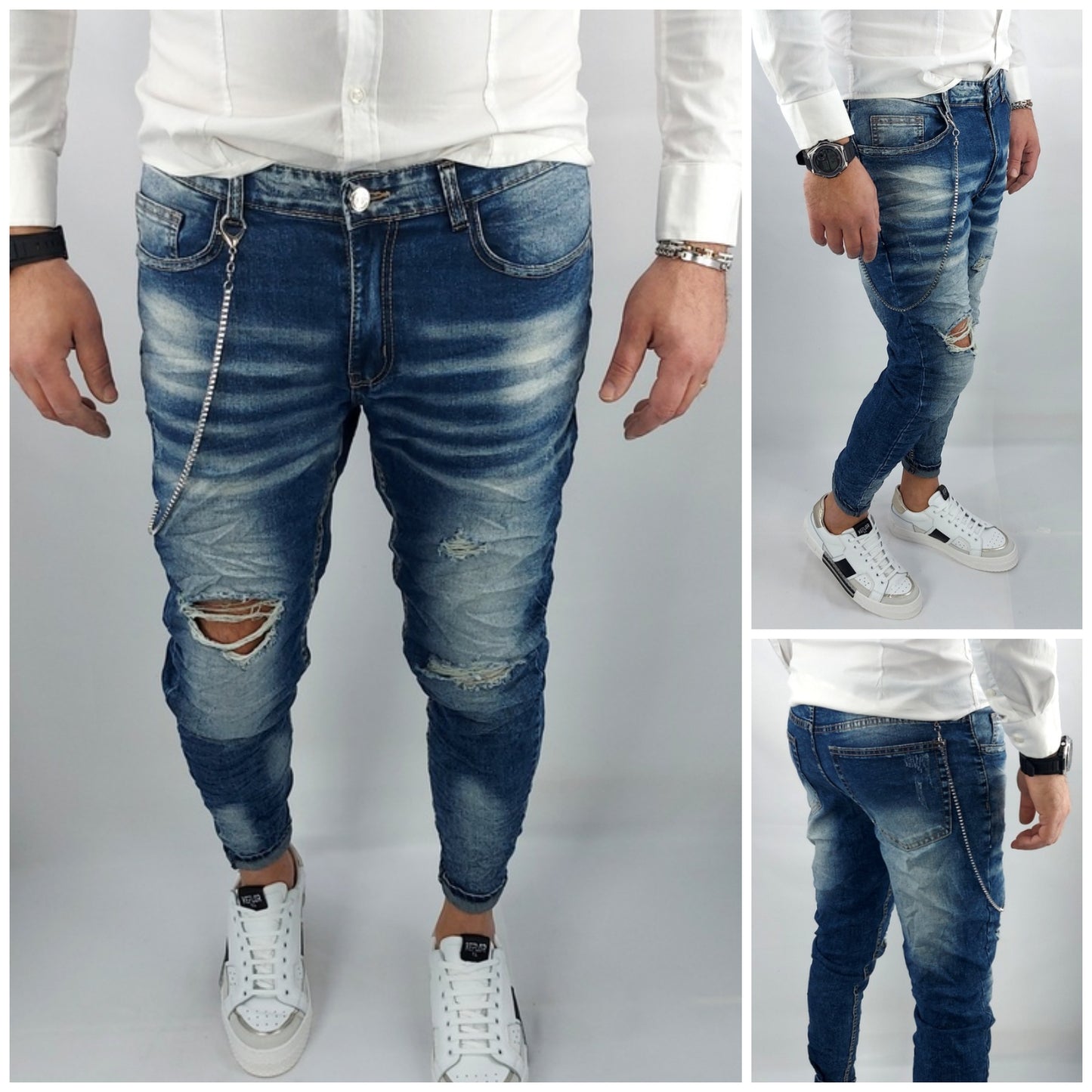 Jeans uomo Primaverile Blu Catena Estraibile Slim Elasticizzati Con Strappi Caviglia stretta