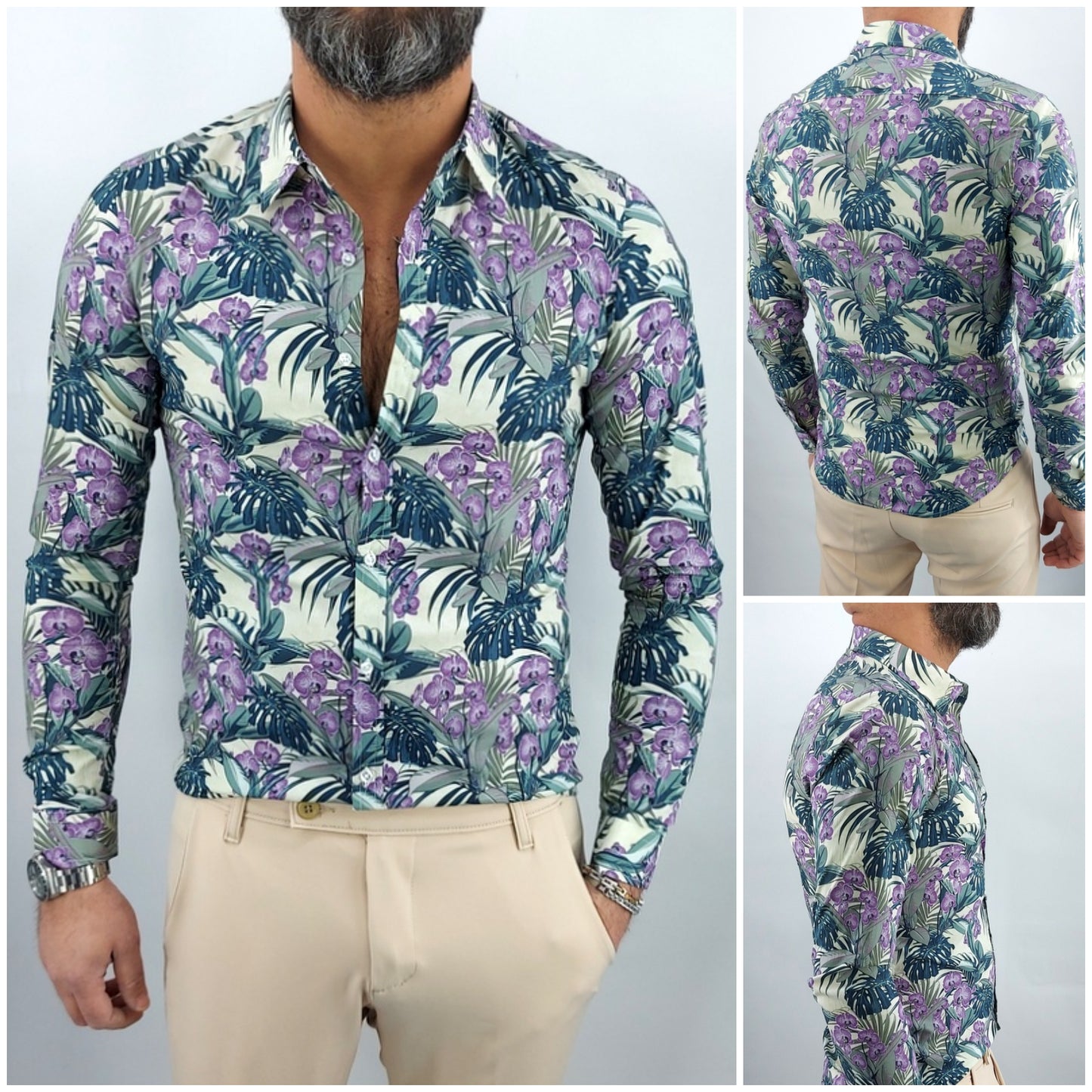 Camicia uomo Tessuto Elastico casual Collo Floreale viola Manica lunga Slim