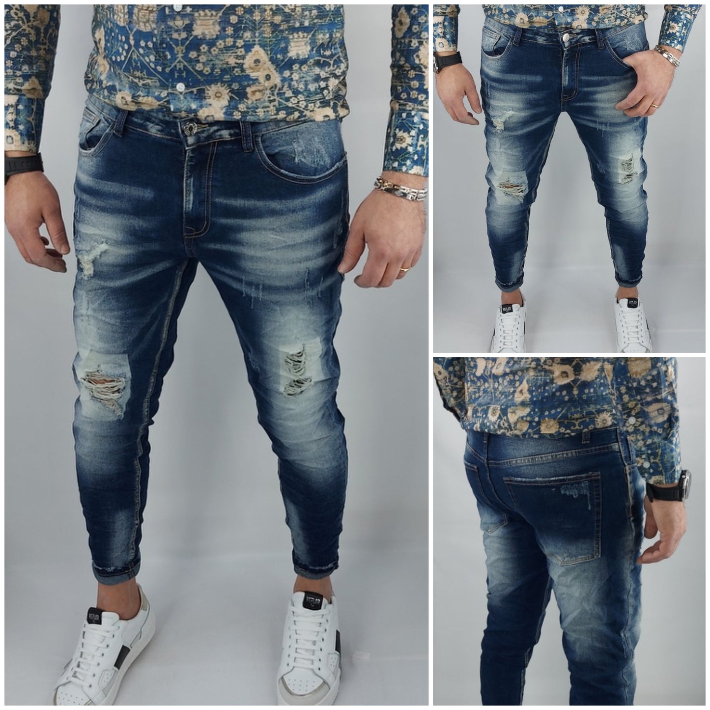 Jeans uomo Primaverile Blu Sfumato Slim Elasticizzati Stropicciati con Strappi Caviglia stretta