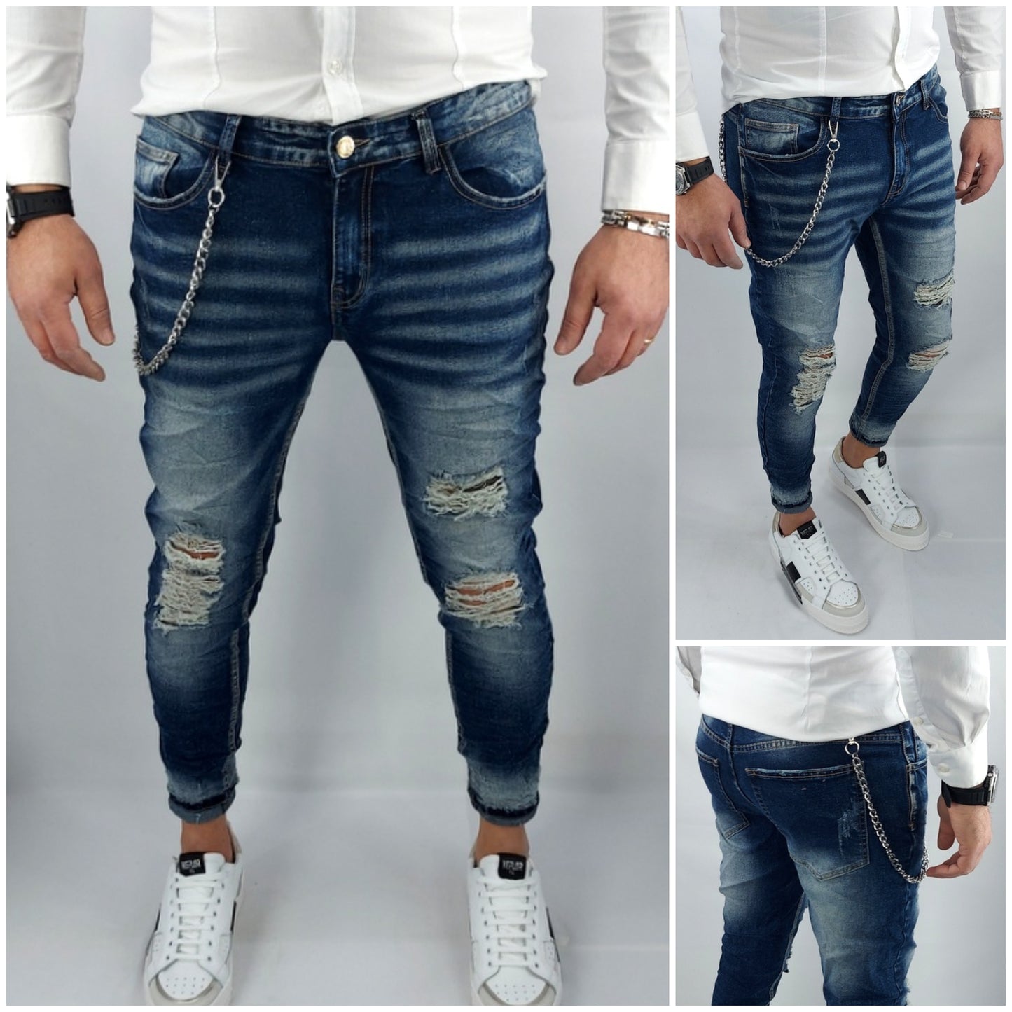 Jeans uomo Primaverile Blu Sfumato Catena Estraibile Slim Elasticizzati Strappi Caviglia stretta