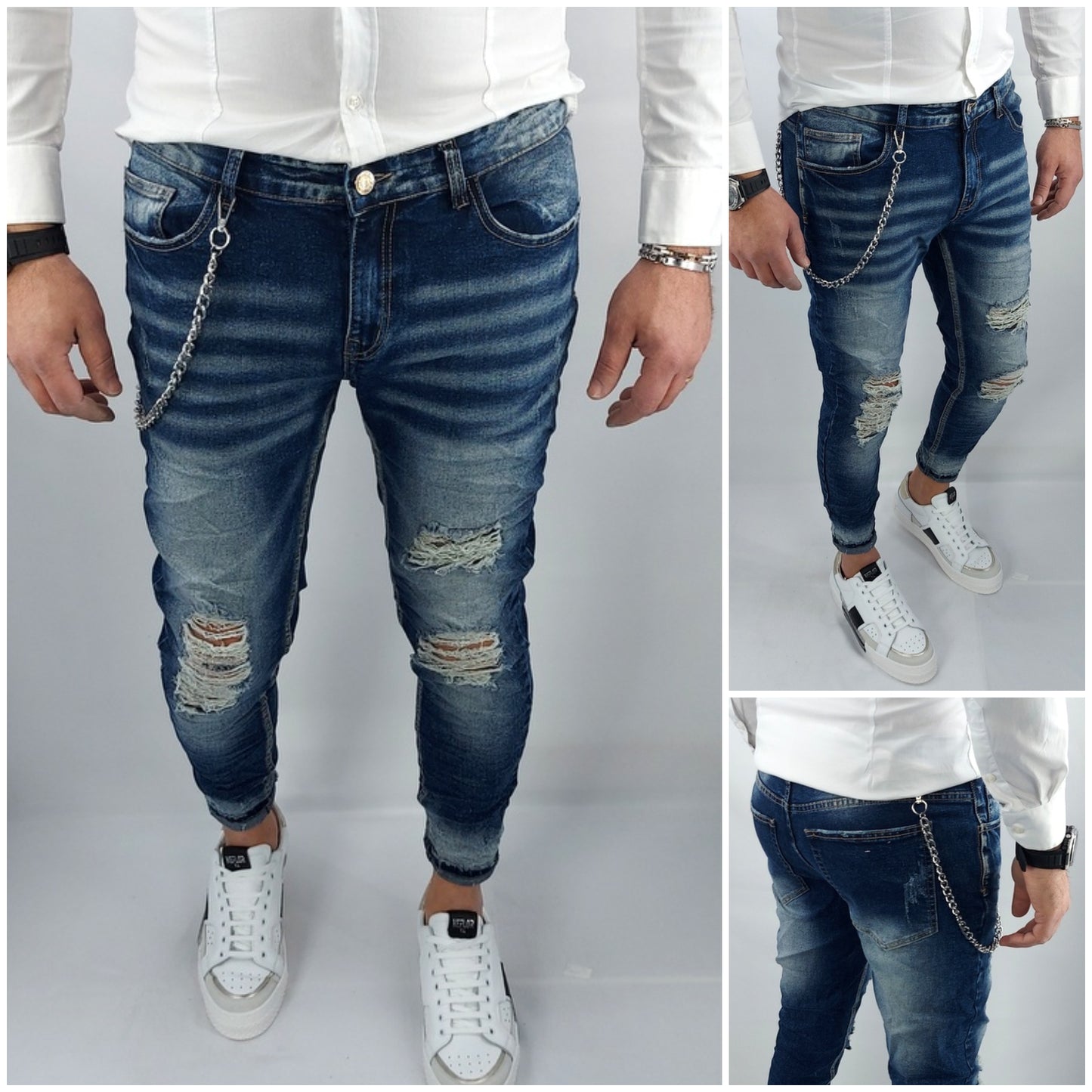 Jeans uomo Primaverile Blu Sfumato Catena Estraibile Slim Elasticizzati Strappi Caviglia stretta