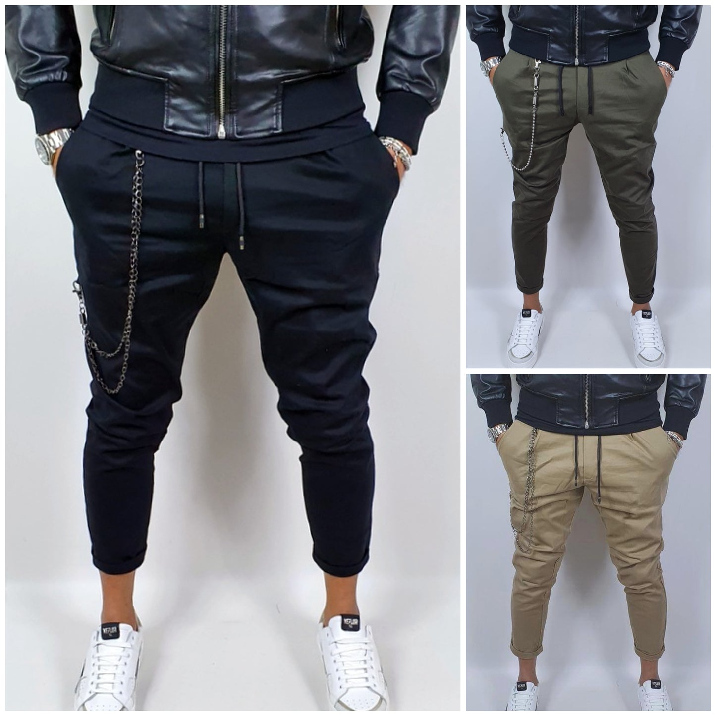 Pantalone Uomo Cotone Elastico Capri invernale Tasche Americane Catena Casual