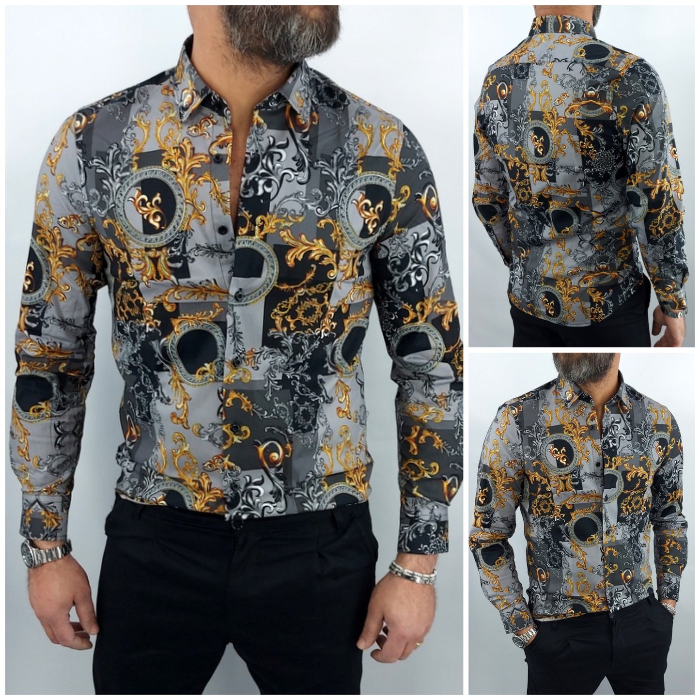 Camicia uomo Tessuto Elastico casual Collo Nero Barocco Manica lunga Slim