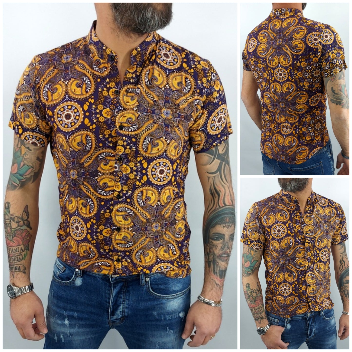 camicia uomo coreana tessuto morbido floreale viola elastico manica corta slim s,m,l,xl,xxl