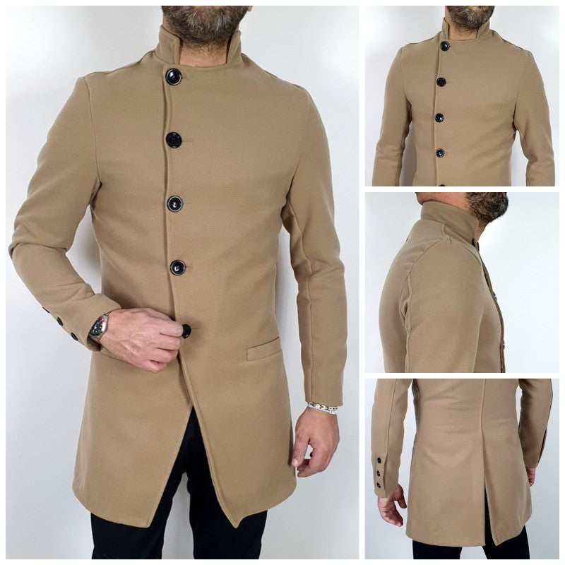 Cappotto Coreana Bottoni Trasversali Camel Nero Grigio