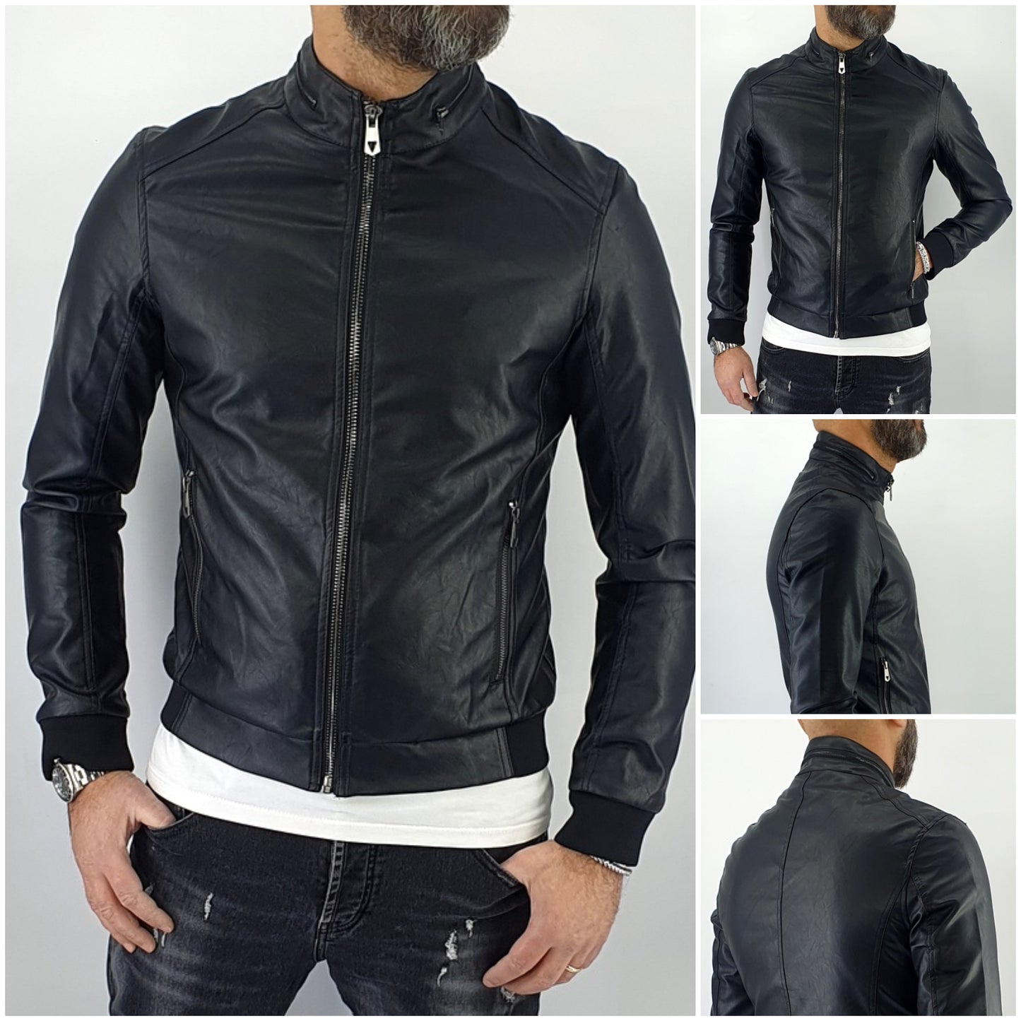 Giubbino Uomo Bomber Mezzo Collo Primaverile Ecopelle Giacca Corto Nero Slim Fit