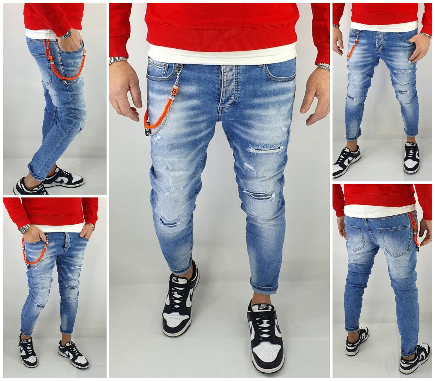 Jeans Denim Pantaloni Catena Estraibile Uomo Slim Elasticizzati Con Strappi