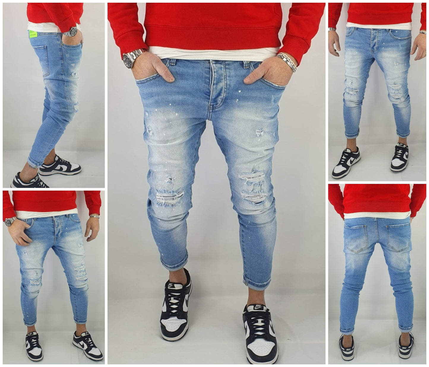 Jeans Denim Pantaloni Uomo Slim Fit Elasticizzato Con Strappi Pittura Chiaro Blu