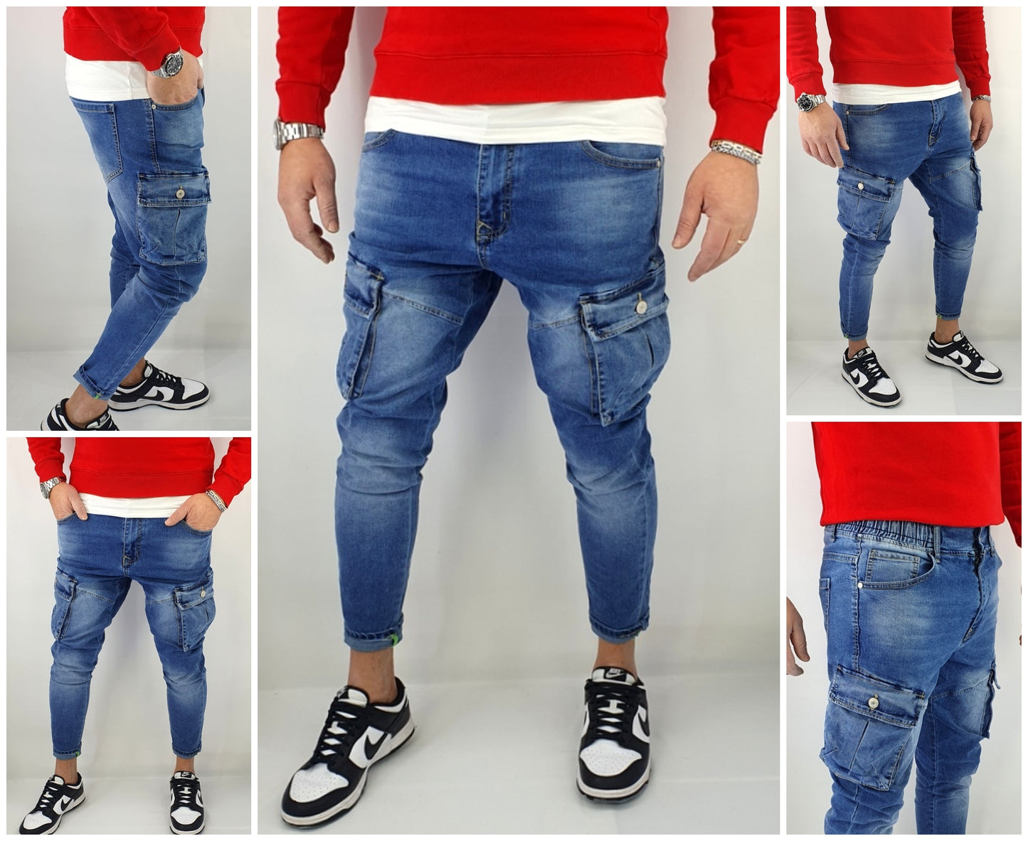 Jeans Pantalone Uomo Strappi Cotone Elasticizzato Tasconi Blu Cargo Tasche Denim