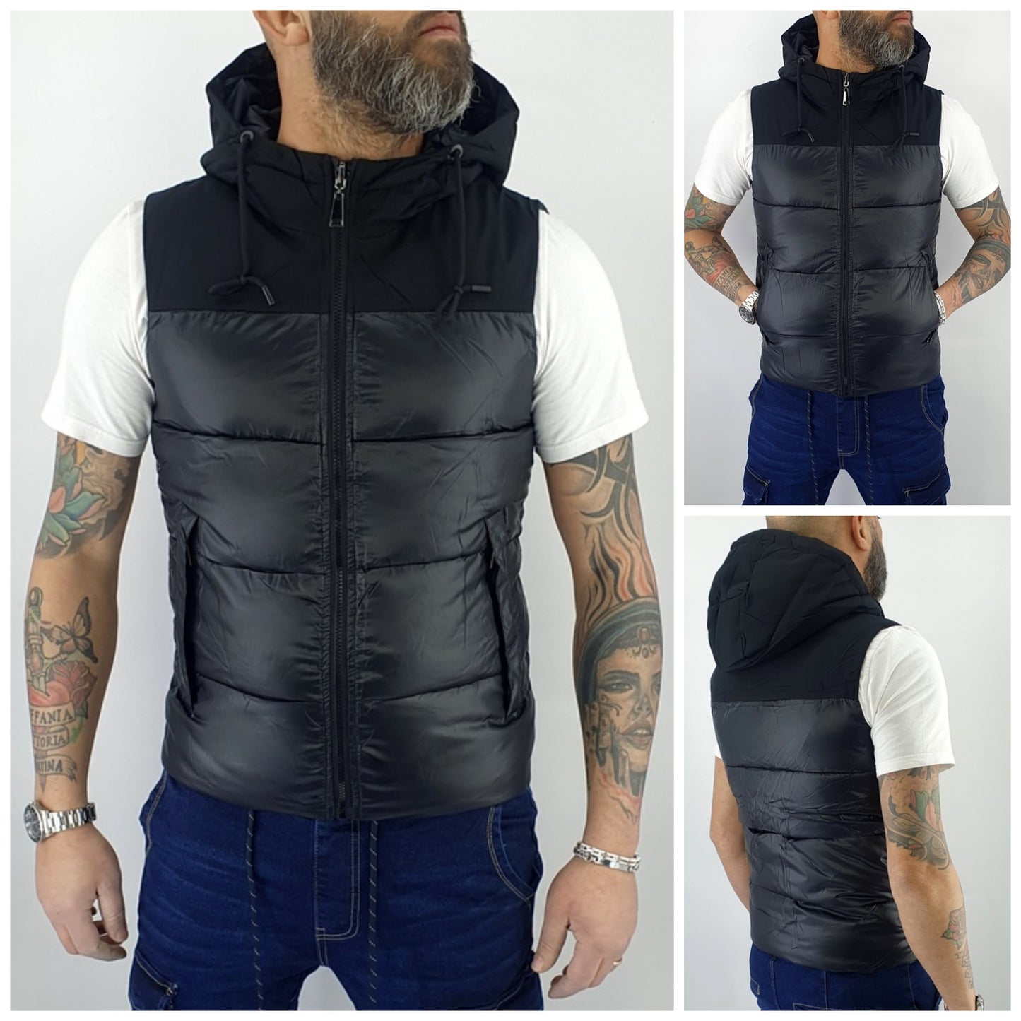 Gilet Giubbino Smanicato Giromanica Uomo Cappuccio Bomber Senza Maniche Bicolore
