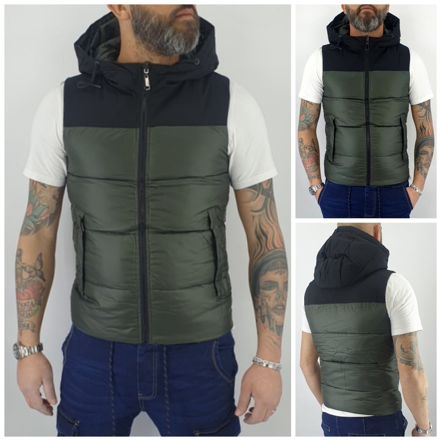 Gilet Giubbino Smanicato Giromanica Uomo Cappuccio Bomber Senza Maniche Bicolore