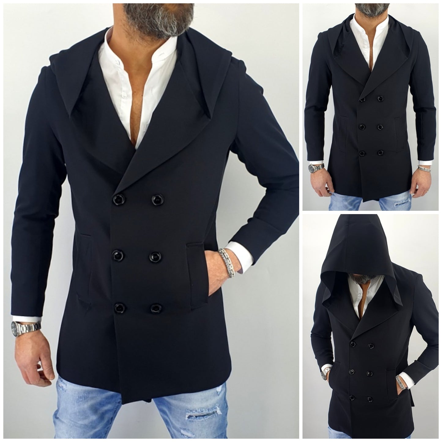 Cappotto Doppiopetto Nero Giubbotto Uomo Primaverile Cappuccio