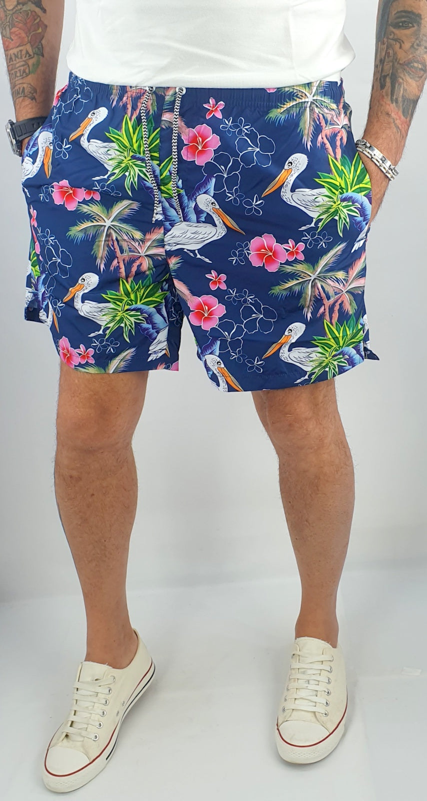Costume Da Bagno Uomo Mare Floreale Bermuda Blu Boxer Pantaloncino Corto Cigno