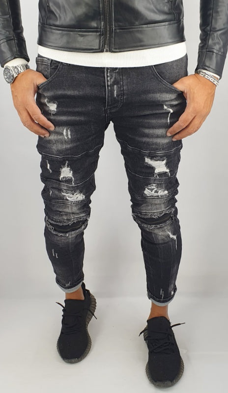 jeans biker denim pantaloni uomo slim nero elasticizzati strech con strappi zip