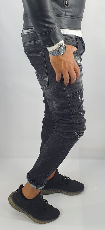 jeans biker denim pantaloni uomo slim nero elasticizzati strech con strappi zip