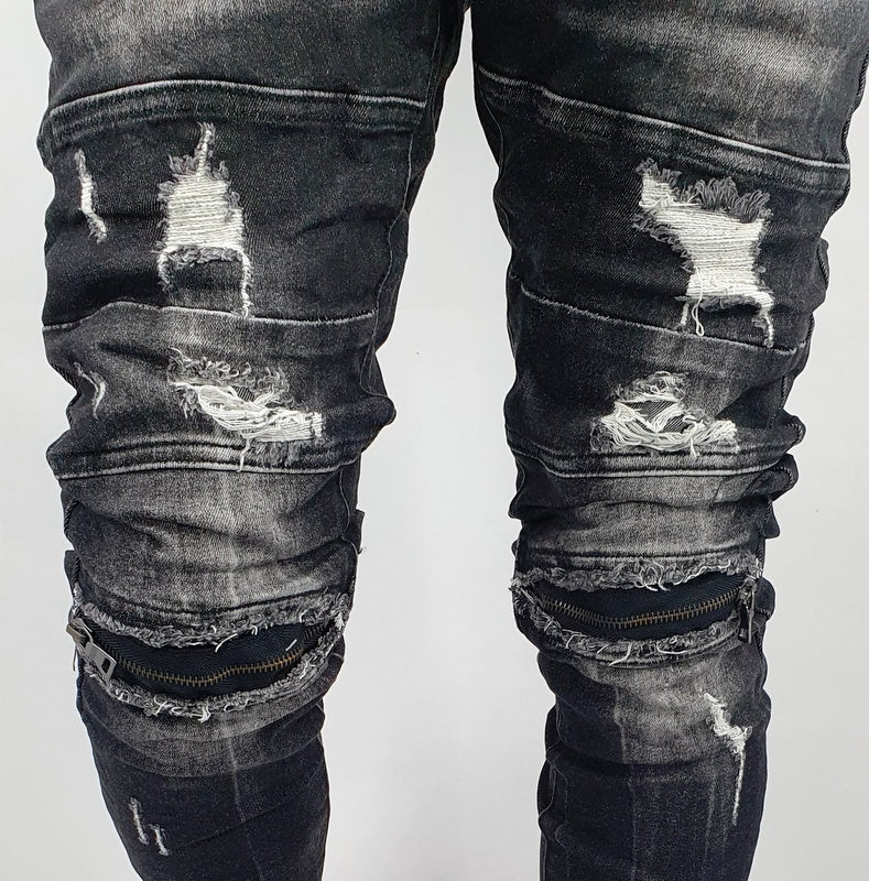 jeans biker denim pantaloni uomo slim nero elasticizzati strech con strappi zip