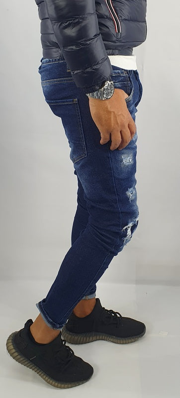 jeans denim pantaloni uomo Slim fit elasticizzati strech con strappi toppe blu