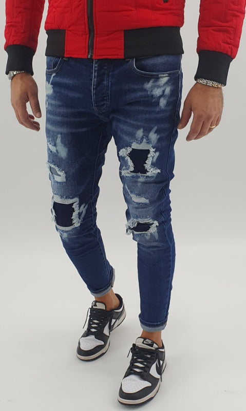 Jeans Denim Pantaloni Uomo Slim fit Elasticizzati Pittura Con Strappi Toppe Blu