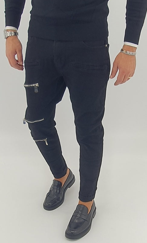 Jeans uomo nero zip gamba elastico denim 42,44,46,48,50,52