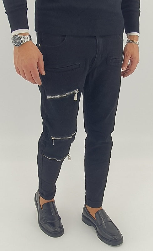 Jeans uomo nero zip gamba elastico denim 42,44,46,48,50,52