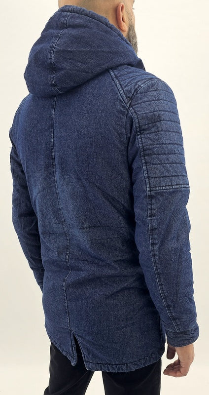 Giubbotto parka jeans denim da uomo giubbino ecopelliccia giacca slim Cappuccio